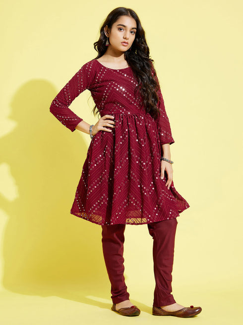 Girl's Maroon Mirror Kurta Pyjama Set
